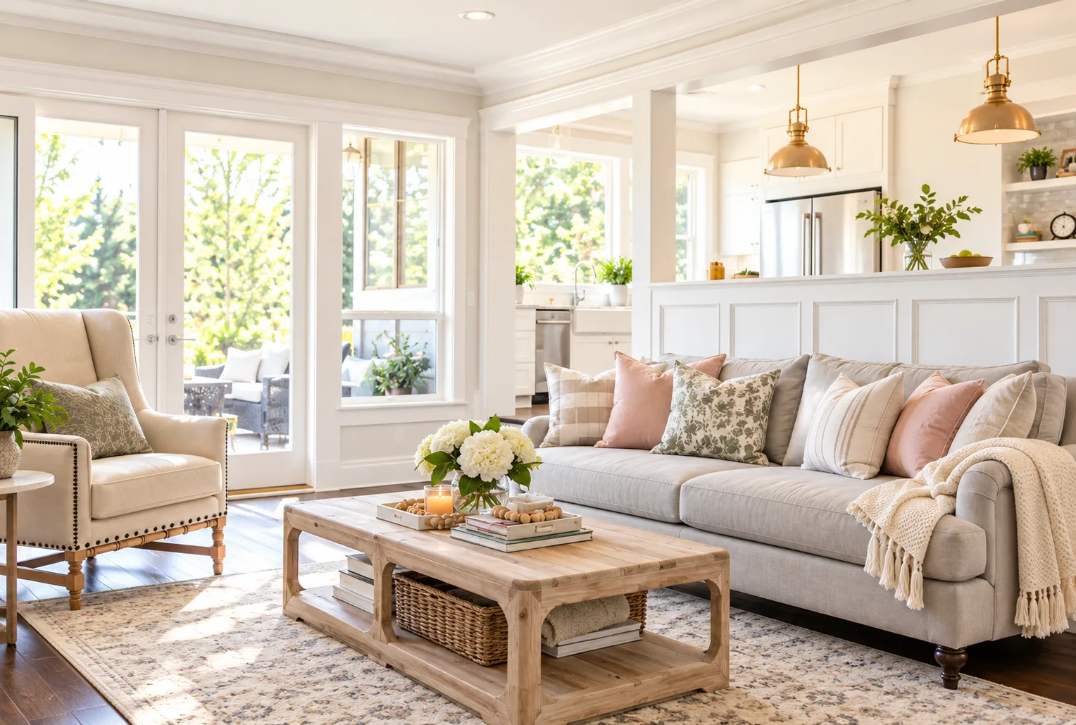 Bright living room with cream sofas, a wooden coffee table, and sunlit windows.